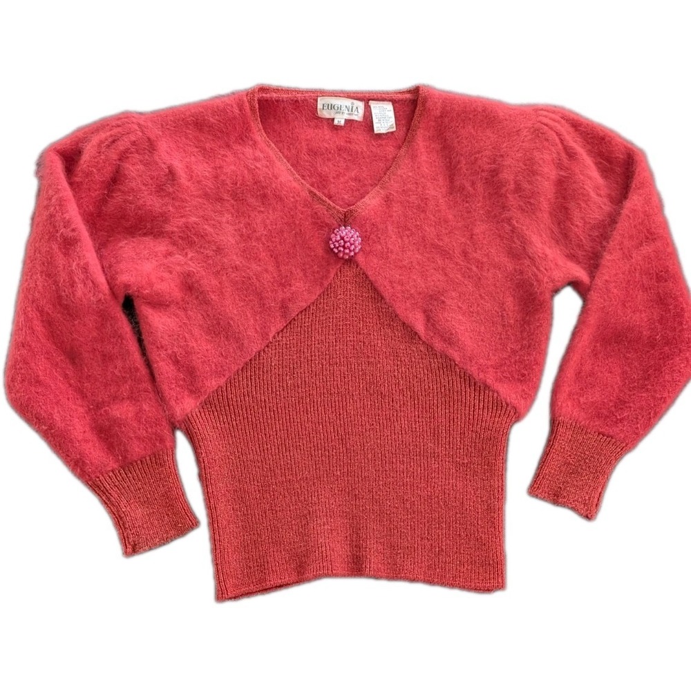 Vintage EUGENIA by Angenie Angora Wool Blend Sweater Red Metallic Beaded Med 80s